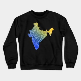 Colorful mandala art map of India with text in blue and yellow Crewneck Sweatshirt